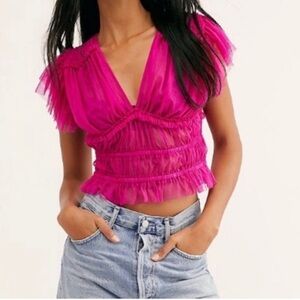Free People Hot Pink Making Me Smile Ruched Mesh Top